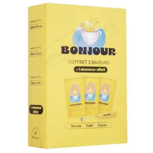 bonjour - COFFRET 3 saveurs café mocha cacao - 3*90gr +1 mousseur offert